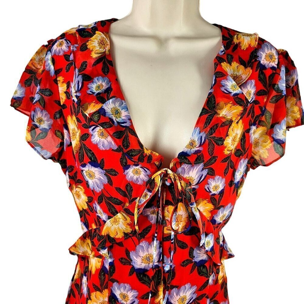 The Fifth Label Button Front Ruffle Shift Dress Red Foral Cap Sleeve Women M NEW